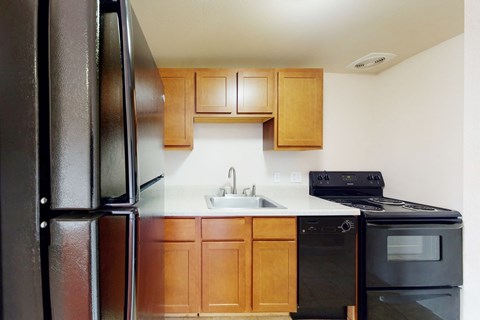 A black refrigerator stands next to a black oven in a kitchen.