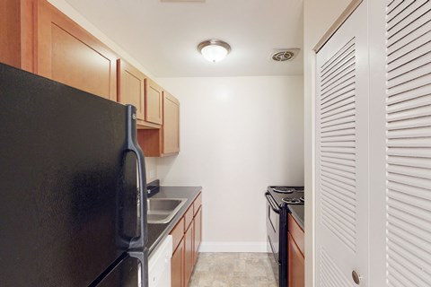 A black refrigerator is in a kitchen with wooden cabinets.
