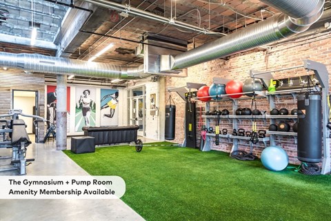 A gym with a punching bag and a green artificial turf.