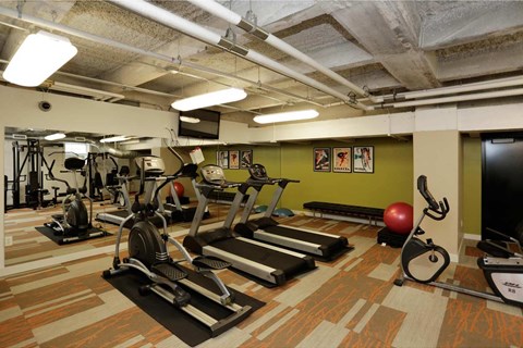 A gym with treadmills, exercise bikes, and weights.