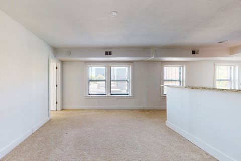 A large empty room with carpeted floor and two windows.