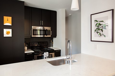 A modern kitchen with a stainless steel stove and microwave.