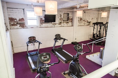 A gym with exercise equipment and purple carpeting.