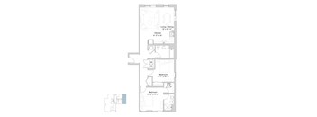 A floor plan of a house with a living/dining area, two bedrooms, and a kitchen.