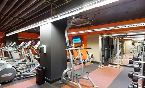 A gym with treadmills, weights, and exercise equipment.