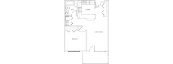 A floor plan of a small apartment with a kitchen, living/dining area, and bedroom.