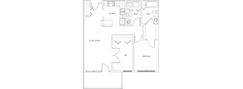 A floor plan of a house with a kitchen, living room, dining room, den, and two bathrooms.