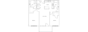 A floor plan of a house with a kitchen, living room, and two bedrooms.