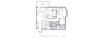 A floor plan of a one bedroom apartment with a den and a deck.