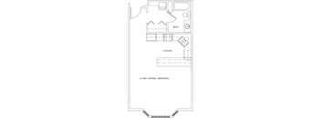 A floor plan of a house with a kitchen, bath, and living/dining/bedroom area.