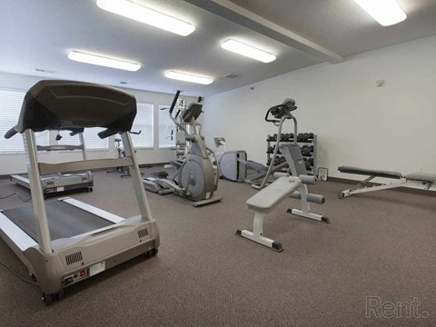 A gym with treadmills, exercise bikes, and other equipment.