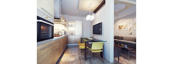 A modern kitchen with a yellow chair and a black countertop.
