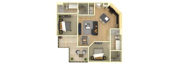 A top-down view of a house layout with a living room, kitchen, and bathroom.