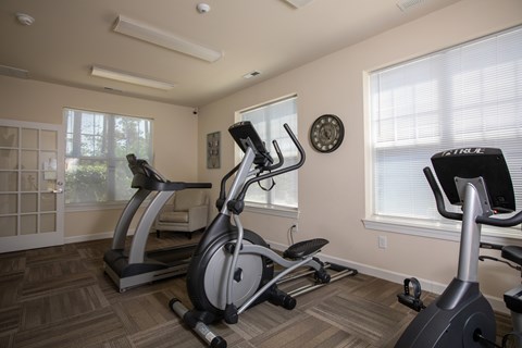 A home gym with treadmills and elliptical machines.
