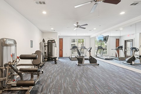 A gym with a variety of equipment including treadmills, stationary bikes, and weight machines.