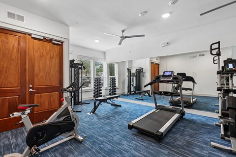 A gym with a variety of equipment including a treadmill, a stationary bike, and a weight bench.