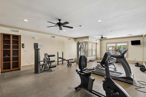 A spacious home gym with a variety of exercise equipment.