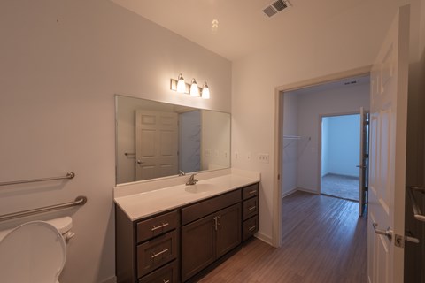 A bathroom with a white countertop and a large mirror above it.