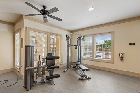 A home gym with a variety of equipment including a treadmill, weights, and a bench press.