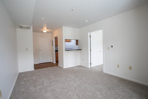 A spacious room with white walls and carpeted floor.