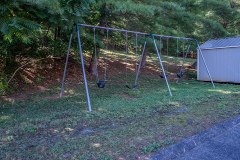 A swing set in a backyard with a shed in the background.