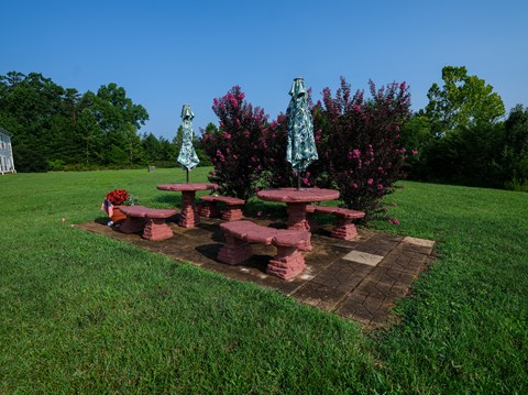 A picnic table with two umbrellas and a bench in a grassy area.
