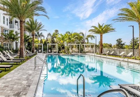 A swimming pool surrounded by palm trees and lounge chairs.