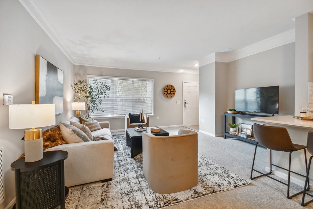 a living room with couches and chairs and a tv