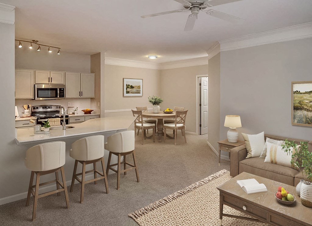 furnished living room and renovated floorplan