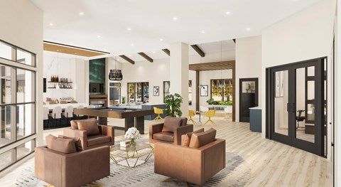 A living room with a brown sofa and a coffee table.