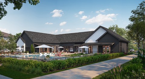 A modern building with a large outdoor seating area.