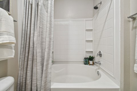 a bathroom with a tub and a shower and a curtain