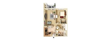 A 3D floor plan of a small apartment with a kitchen, living room, and bedroom.