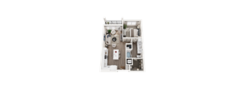 A white floor plan of a small apartment with a kitchen, living room, and bathroom.