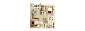 A detailed 3D floor plan of a small apartment.