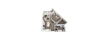 A 3D floor plan of a house with a kitchen, living room, and bathroom.