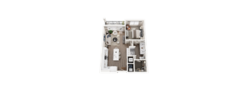 A top-down view of a small apartment layout with a kitchen, living room, and bathroom.