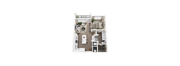 A white floor plan of a small apartment with a kitchen, living room, and bathroom.