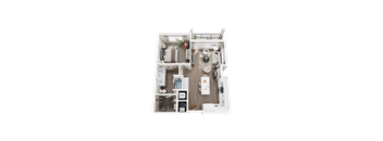 A top-down view of a small apartment with a kitchen, living room, and bathroom.