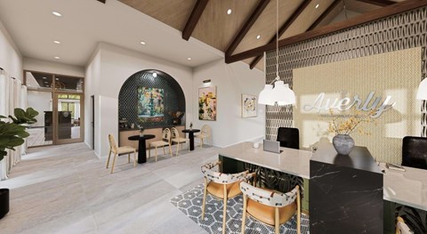 A modern dining area with a bar and chairs.
