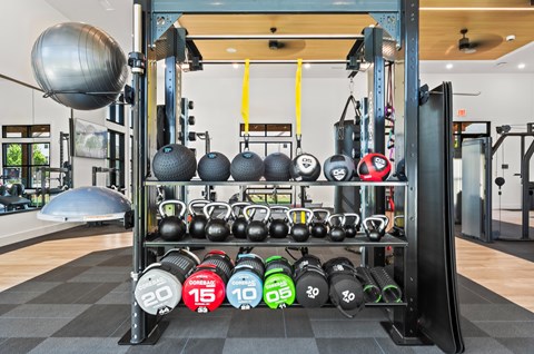 A gym with a rack of weights and a large exercise ball.