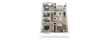 A 3D floor plan of a small apartment with a kitchen, living room, and two bedrooms.