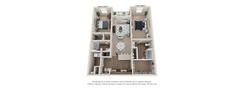 A 3D floor plan of a house with three bedrooms, a living room, a kitchen, and a bathroom.