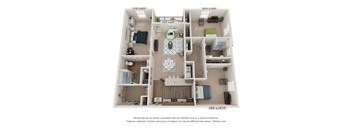 A 3D floor plan of a house with a kitchen, living room, and two bedrooms.