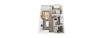 A top-down view of a small apartment with a kitchen, living room, and bathroom.