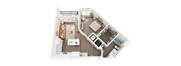 A floor plan of a small apartment with a living room, kitchen, and bathroom.