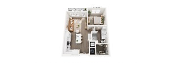A top-down view of a small apartment with a kitchen, living room, and bathroom.