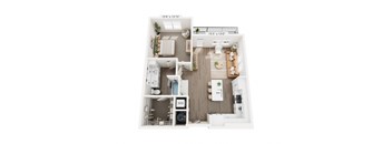 A floor plan of a small apartment with a living room, kitchen, and bathroom.