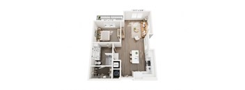 A floor plan of a small apartment with a kitchen, living room, and bathroom.