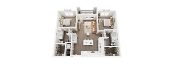 A floor plan of a small apartment with a kitchen, living room, and two bedrooms.